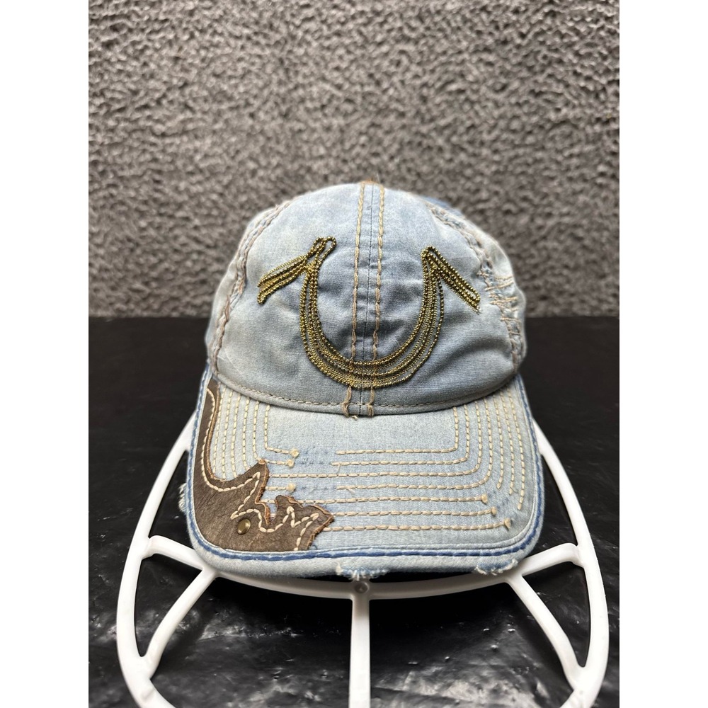 Vintage True Religion Patched Denim Adjustable Strap Cap Blue Mens One Size